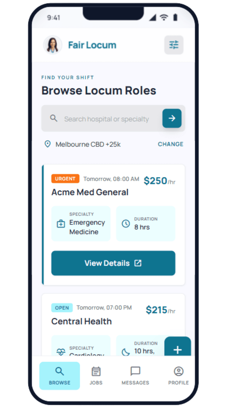Fair Locum mobile app showing locum role listings